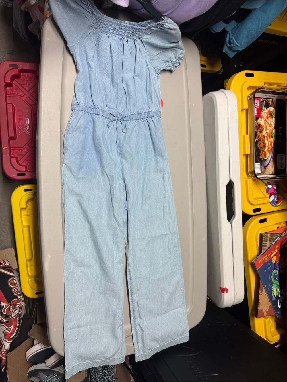 Girls Light Blue Chambray Off-Shoulder Jumpsuit